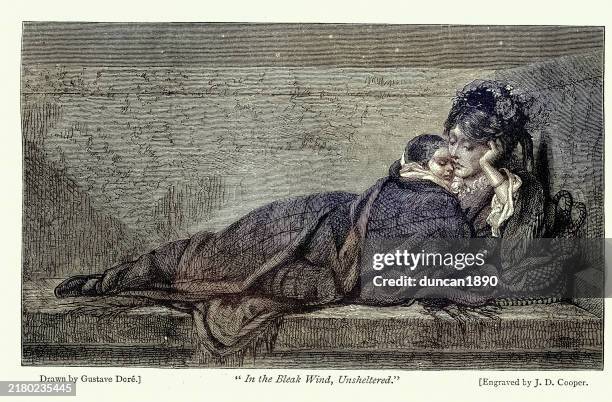 homeless woman and child sleeping rough on the streets of victorian london, art, vintage illustration 19th century after gustave dore, in the bleak wind, unsheltered - poverty stock illustrations