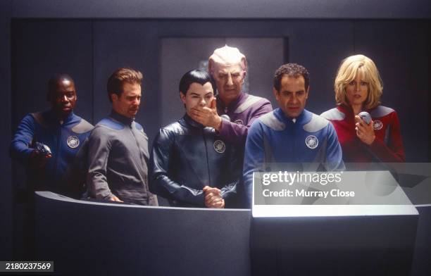 Actors Daryl Mitchell, Sam Rockwell, Jed Rees, Alan Rickman, Tony Shalhoub, Sigourney Weaver on the set of the film, 'Galaxy Quest', Los Angeles....
