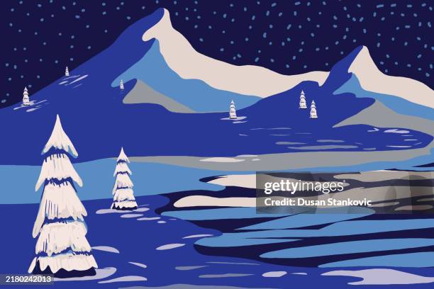 the treetops are already white - wide range stock illustrations