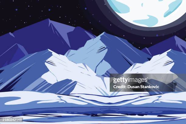 beautiful snowy mountains at night - wide range stock illustrations