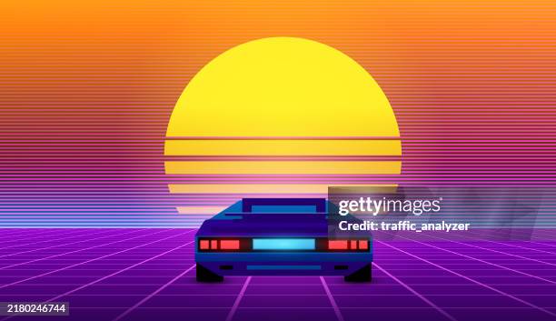 synthwave retro background - car and full moon - driving sunset stock illustrations
