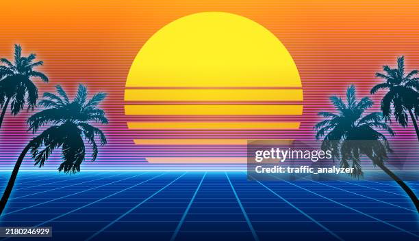 synthwave retro background - palm trees - road low angle stock illustrations