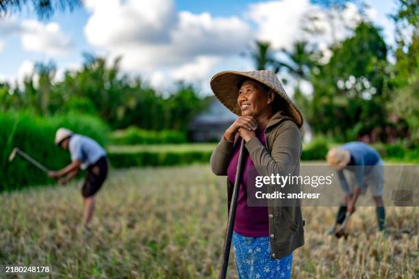 woman with a group of farmers plowing the land at a rice in a paddy in bali - indonesische cultuur stockfoto's en -beelden