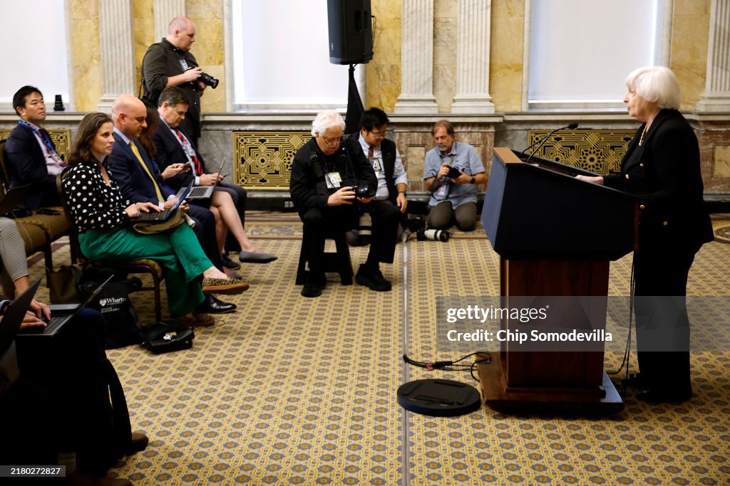 Treasury Secretary Yellen Holds A Press Conference As Annual IMF And World Bank Meetings Take Place