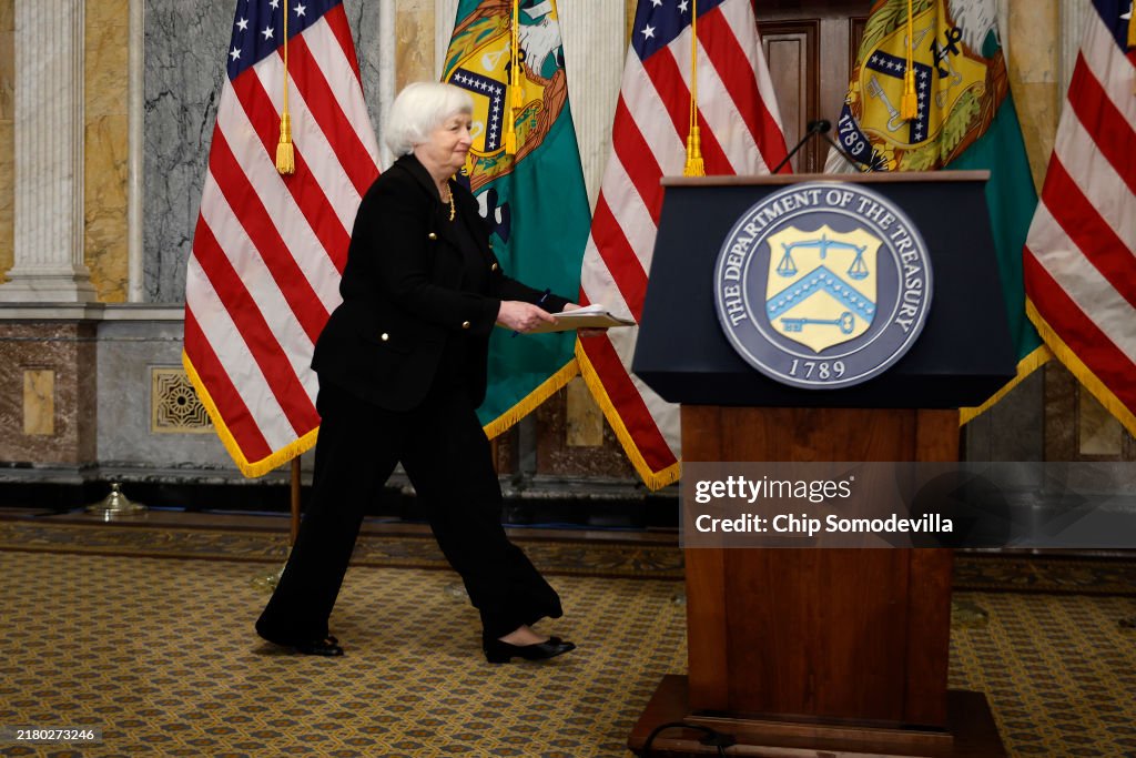 Treasury Secretary Yellen Holds A Press Conference As Annual IMF And World Bank Meetings Take Place