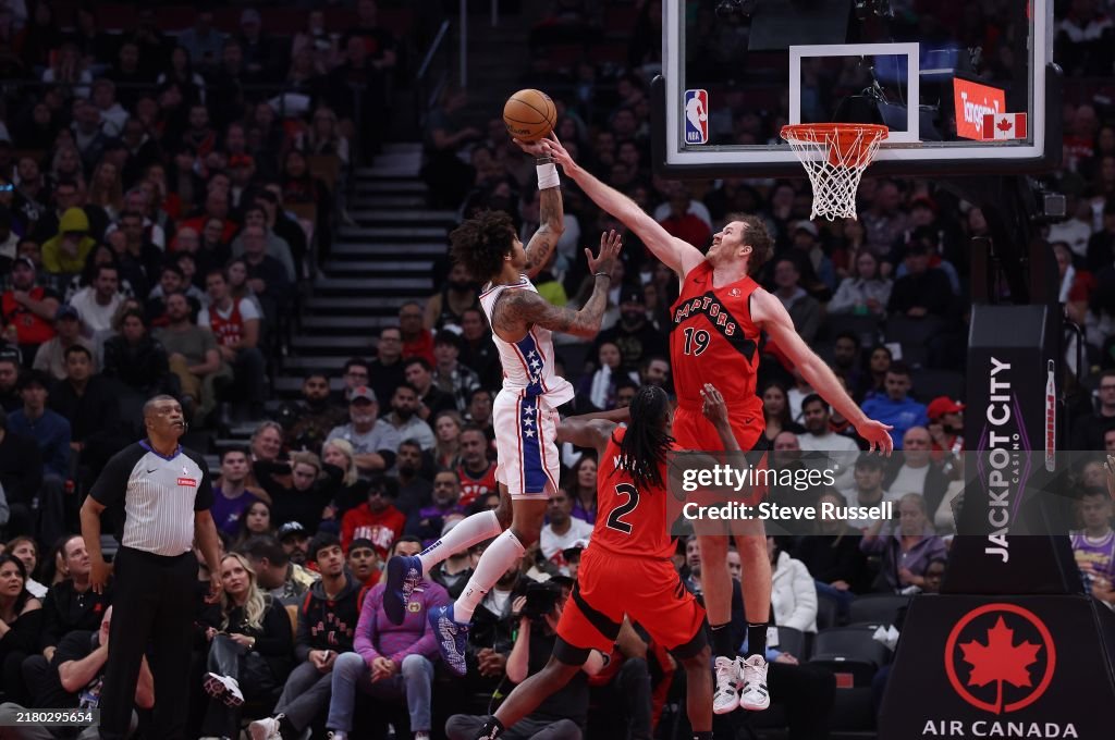 Toronto Raptors Sample TORONTO, ON - OCTOBER 25 - Toronto Raptors center Jakob Poeltl blocks ...