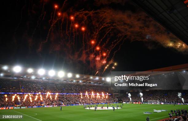 General view inside the stadium as a pyrotechnics display takes place prior to kick-off ahead of the UEFA Champions League 2024/25 League Phase MD3...