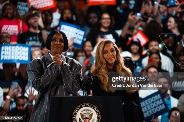 Singers Kelly Rowland and Beyoncé speak at a campaign rally for Democratic presidential nominee, Vice President Kamala Harris, on October 25, 2024 in...