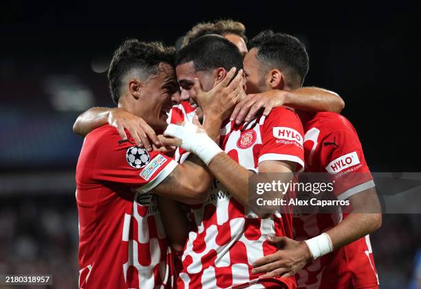 Miguel Gutierrez of Girona FC celebrates with teammates after scoring his team's first goal during the UEFA Champions League 2024/25 League Phase MD3...