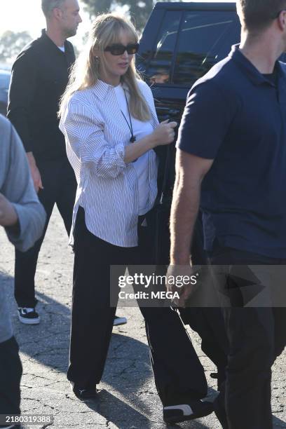 Jennifer Lawrence is seen arriving at the World Series game between the Los Angeles Dodgers and the New York Yankees on October 25, 2024 in Los...