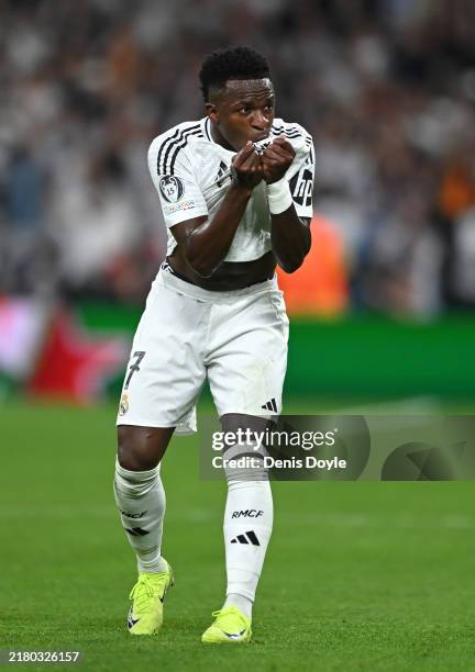 Vinicius Junior of Real Madrid celebrates scoring his team's second goal during the UEFA Champions League 2024/25 League Phase MD3 match between Real...