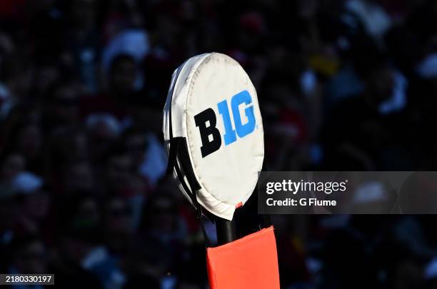 View of the Big Ten logo on a yardage marker during the game between the Maryland Terrapins and the USC Trojans at SECU Stadium on October 19, 2024...