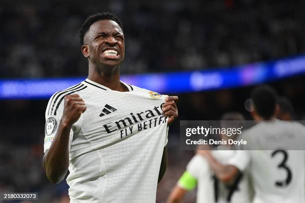Vinicius Junior of Real Madrid celebrates scoring his team's fifth goal during the UEFA Champions League 2024/25 League Phase MD3 match between Real...