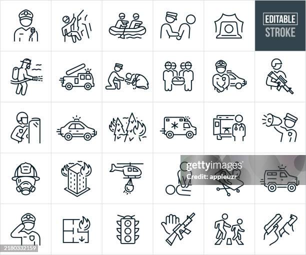 dünne liniensymbole für die öffentliche sicherheit - bearbeitbarer strich - schlauchboot stock-grafiken, -clipart, -cartoons und -symbole