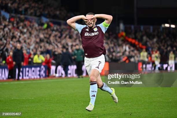 John McGinn of Aston Villa celebrates scoring his team's first goal during the UEFA Champions League 2024/25 League Phase MD3 match between Aston...