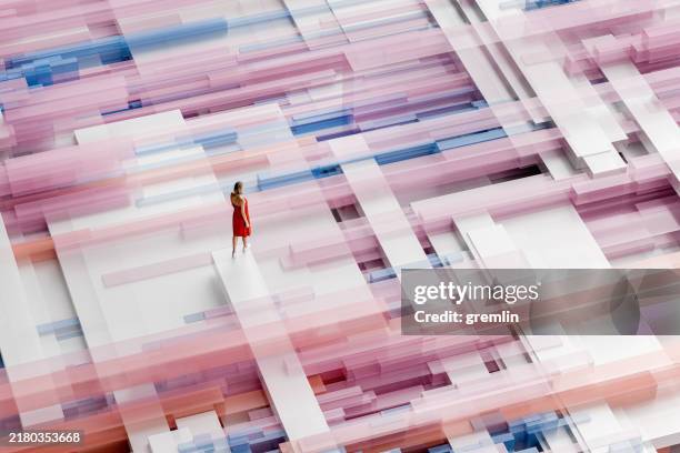 woman walking in geometric vr environment - interlocked stock pictures, royalty-free photos & images