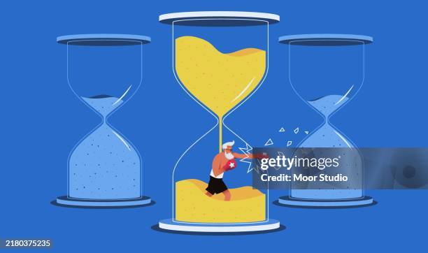 senior man breaking hourglass vector illustration - hourglass stock illustrations
