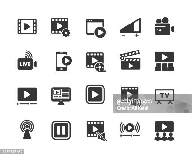 video glyph solid icons. containing cinema, video player, live streaming, web video solid icons collection. vector illustration. for website design, logo, app, template, ui, etc. - vcr stock illustrations