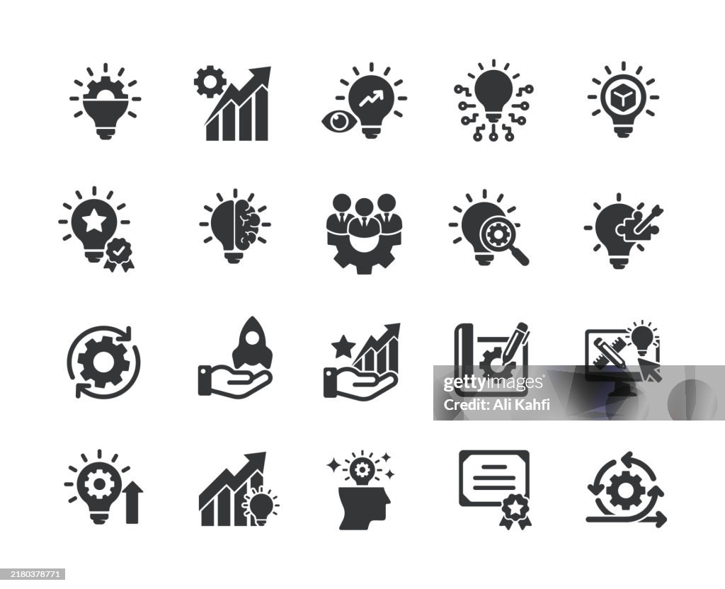 Innovation glyph solid icons. Containing creativity, imagination, progress, thinking, idea solid icons collection. Vector illustration. For website design, logo, app, template, ui, etc.