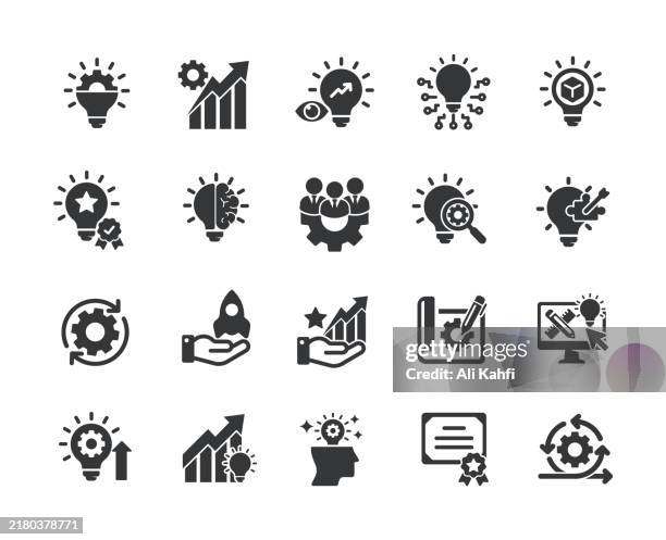 innovation glyph solid icons. containing creativity, imagination, progress, thinking, idea solid icons collection. vector illustration. for website design, logo, app, template, ui, etc. - kick off stock illustrations