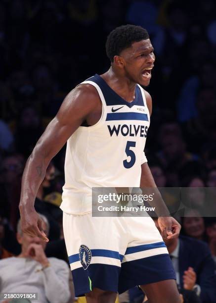 Anthony Edwards of the Minnesota Timberwolves reacts during the second quarter against the Los Angeles Lakers at Crypto.com Arena on October 22, 2024...