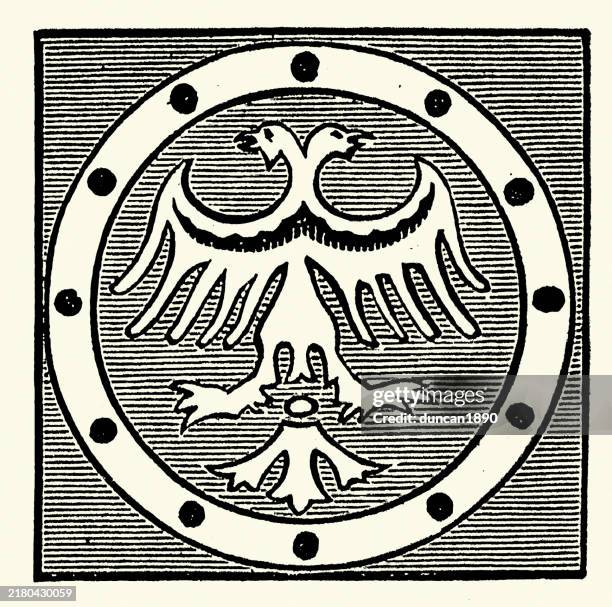 ilustraciones, imágenes clip art, dibujos animados e iconos de stock de diseño de título medieval, águila bicéfala, ilustración vintage victoriano del siglo xix - alas-desplegadas