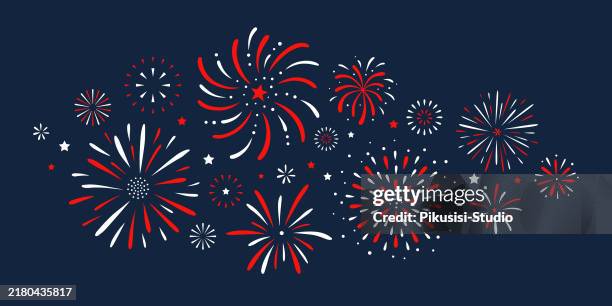 bildbanksillustrationer, clip art samt tecknat material och ikoner med celebratory fireworks on a dark blue background. - fyrverkeri