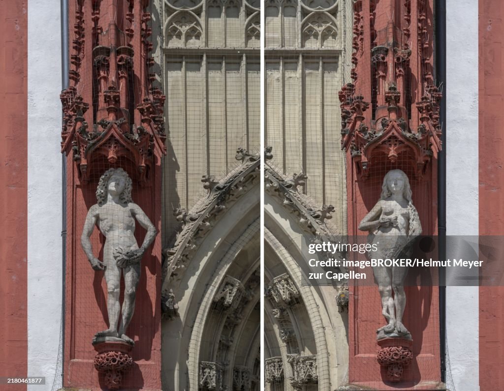 Sculptures of Adam and Eve at the entrance portal of the Gothic St Mary's Chapel, Würzburg, Lower Franconia, Bavaria, Germany, Europe