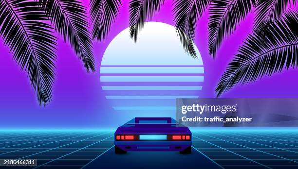 synthwave background - car and palm trees - car sunset stock illustrations
