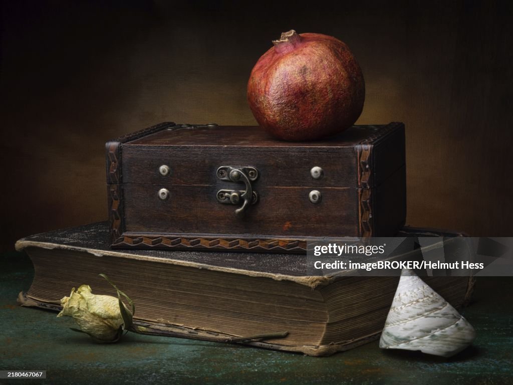 Theme Mystery, still life with pomegranate on old wooden box and old book next to withered rose and snail shell, studio shot, symbol photo