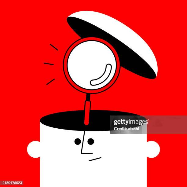 a magnifying glass pops out of a curious person’s open head - appearance stock illustrations