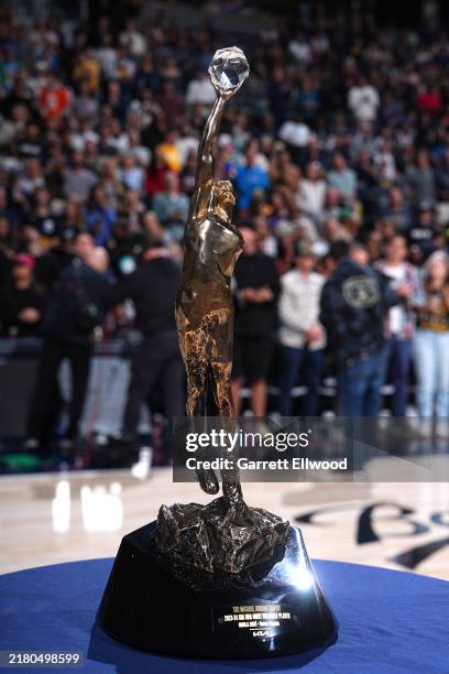 Closeup shot of The Michael Jordan Trophy presented to the 2023-24 Kia NBA Most Valuable Player Nikola Jokic of the Denver Nuggets before the game...