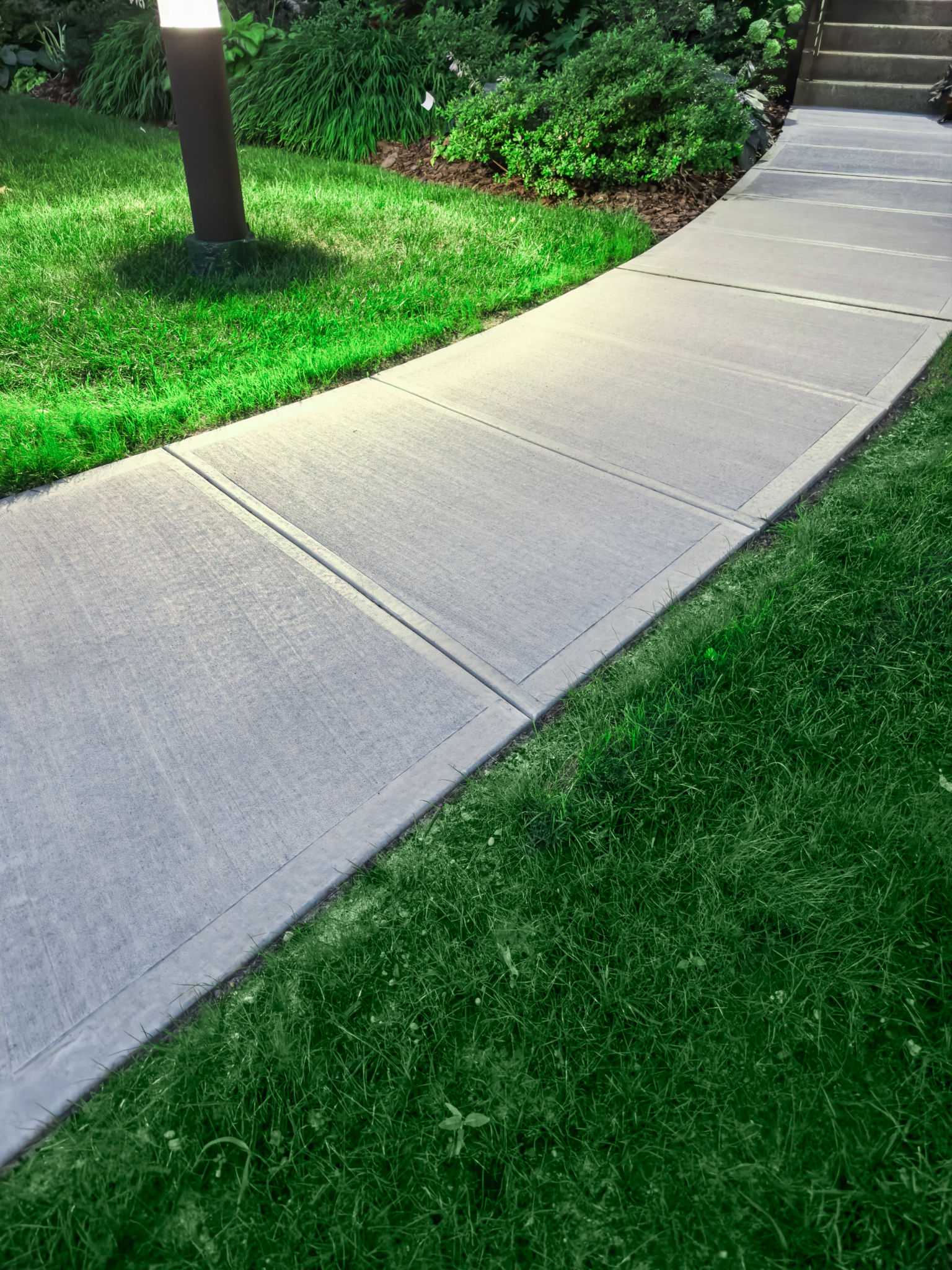 Concrete sidewalk and fresh grass Concrete sidewalk and fresh grass