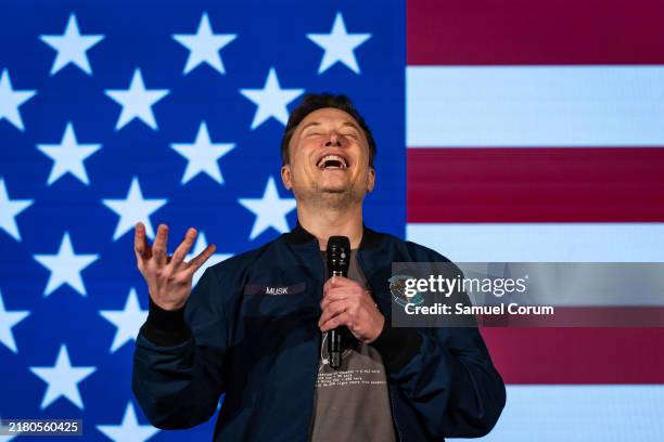 SpaceX and Tesla founder Elon Musk speaks during an America PAC town hall on October 26, 2024 in Lancaster, Pennsylvania. Musk has donated more than...