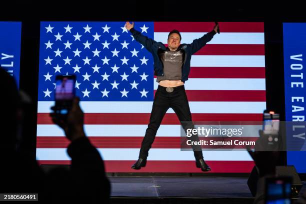 SpaceX and Tesla founder Elon Musk arrives on stage at an America PAC town hall on October 26, 2024 in Lancaster, Pennsylvania. Musk has donated more...