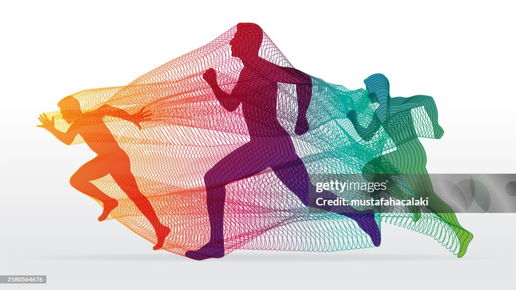 Marathon runners connected with colourful gradient wave pattern