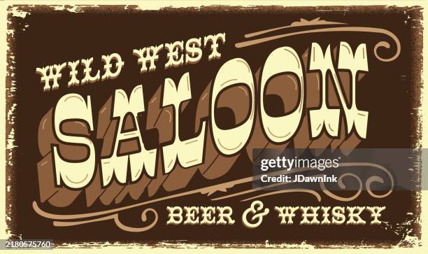 illustrations, cliparts, dessins animés et icônes de panneau de bienvenue pour un saloon du far west très texturé et rustique - country music