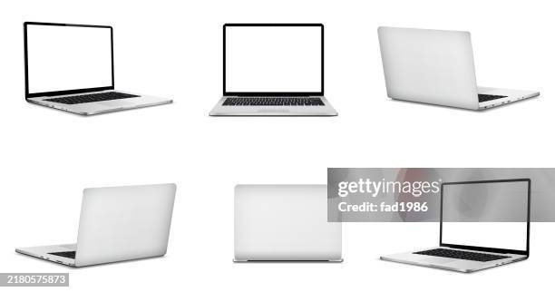 laptop computer mockup with white screen, front and rear view - white background stock illustrations
