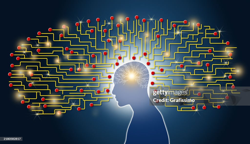 Deep learning infographic of artificial neural network neurons and cyborg illustration