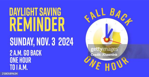 daylight saving time ends fall back web banner design template with clock and calendar date set clocks back one hour - daylight-saving-time stock illustrations