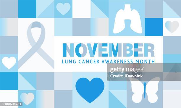 illustrazioni stock, clip art, cartoni animati e icone di tendenza di modello di design per il mese di sensibilizzazione sul cancro ai polmoni di novembre in stile mosaico geometrico con nastro, polmoni, cuori e farfalla - simbolo-della-società-civile