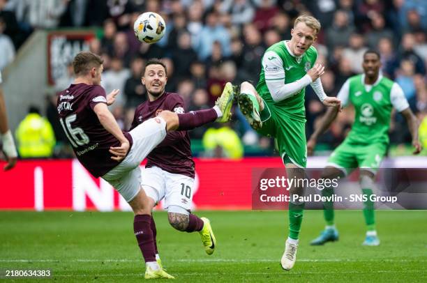Hibernian's Jake Doyle-Hayes and Hearts' Blair Spittal in action during a William Hill Premiership match between Hibernian and Heart of Midlothian at...