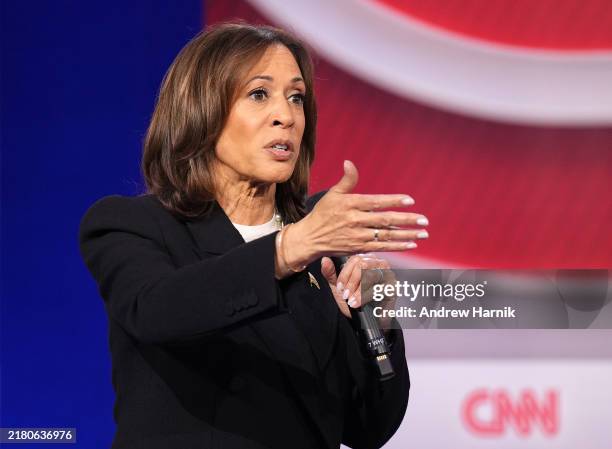 Democratic presidential nominee, U.S. Vice President Kamala Harris speaks during a CNN Presidential Town Hall at Sun Center Studios on October 23,...