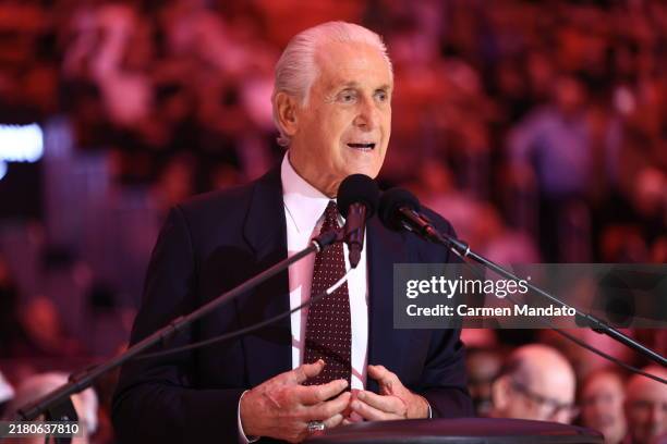 Pat Riley speaks during a ceremony celebrating his court dedication at Kaseya Center on October 23, 2024 in Miami, Florida. NOTE TO USER: User...
