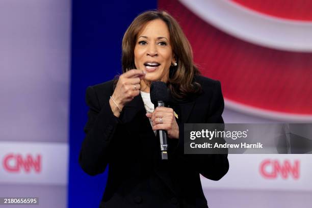 Democratic presidential nominee, U.S. Vice President Kamala Harris speaks during a CNN Presidential Town Hall at Sun Center Studios on October 23,...
