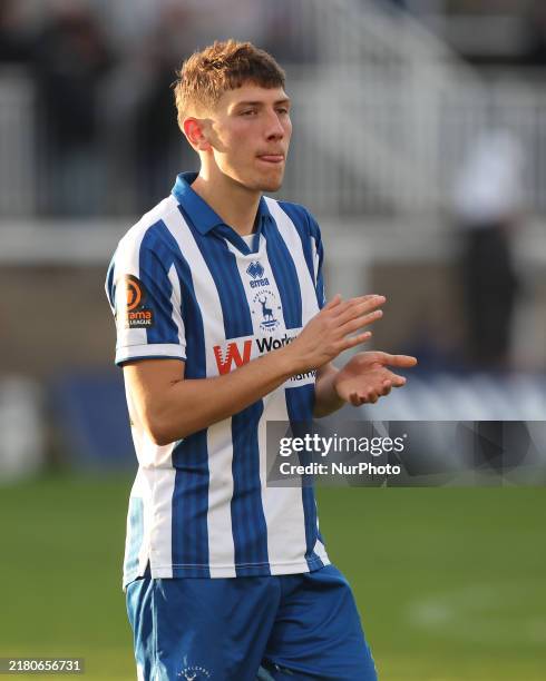 Joe Grey of Hartlepool United applauds the fans after the Vanarama National League match between Hartlepool United and Aldershot Town at Victoria...