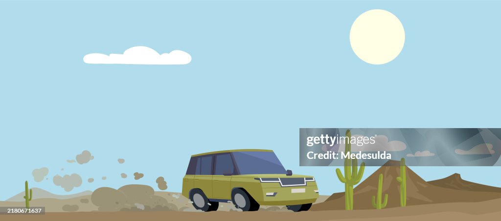 Vector Illustration of an SUV on a Dusty Dirt Road in the Desert.