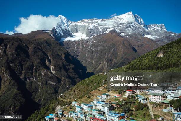 View of Namche Bazaar and the surrounding mountains on October 08, 2024 in Namche, Nepal. Trekking in Nepal offers breathtaking views and a unique...