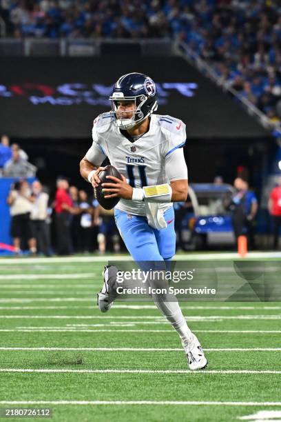 Tennessee Titans quarterback Mason Rudolph scrambles for a touchdown run during the Detroit Lions versus the Seattle Seahawks game on Monday October...