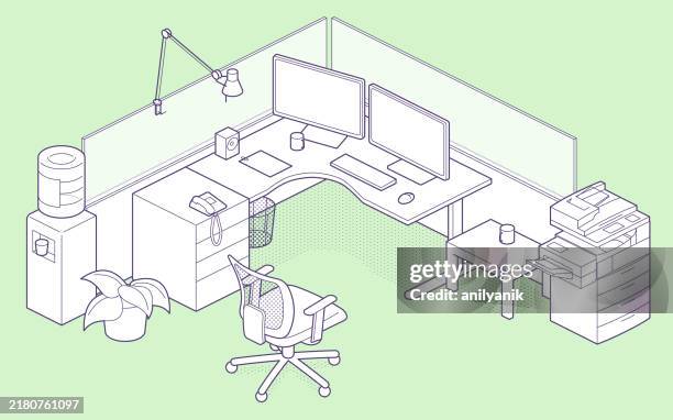 ilustraciones, imágenes clip art, dibujos animados e iconos de stock de cubículos - silla de oficina